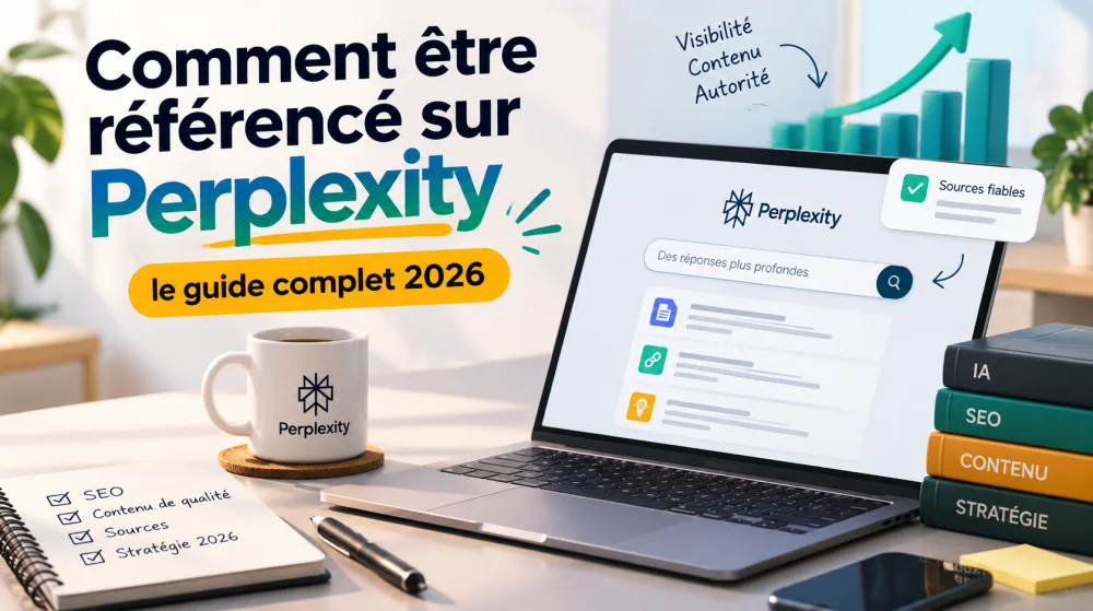 Grand texte mural lisible disant Comment etre reference sur perplexity le guide complet 2026, a cote de l ordinateur et du mug