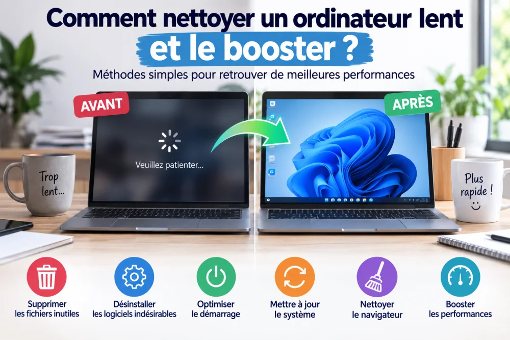 Deux ordinateurs portables sur un bureau en bois, gauche affichant 'Veuillez patienter', droite écran bleu, mugs et icônes colorées visibles.