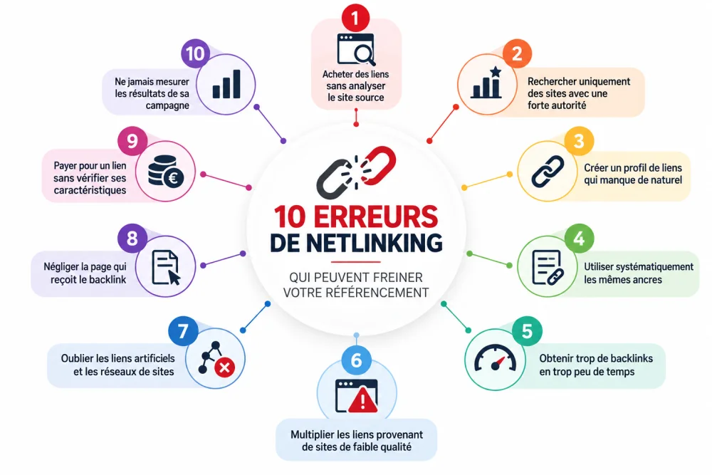 Infographie circulaire avec un centre blanc et le texte '10 ERREURS DE NETLINKING' entouré de dix bulles colorées numérotées reliées par des lignes.