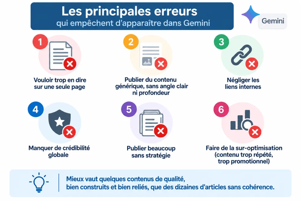 Infographie colorée montrant six erreurs à éviter pour Gemini, avec six cercles pastel et icônes associees.