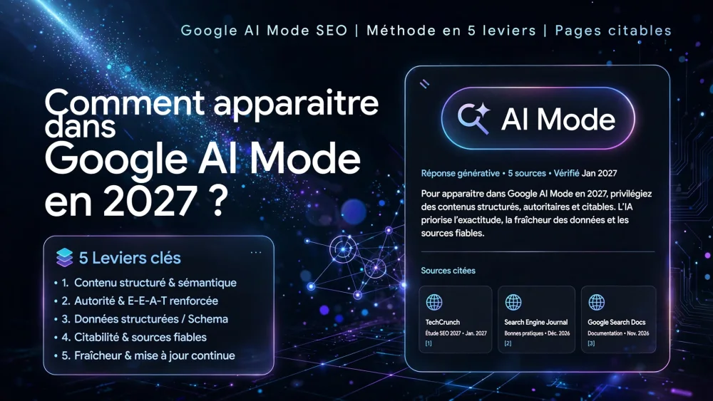 Texte lisible en francais: grand titre a gauche et panneau bleu a droite, avec mention 'AI Mode' et une liste '5 Leviers cles'
